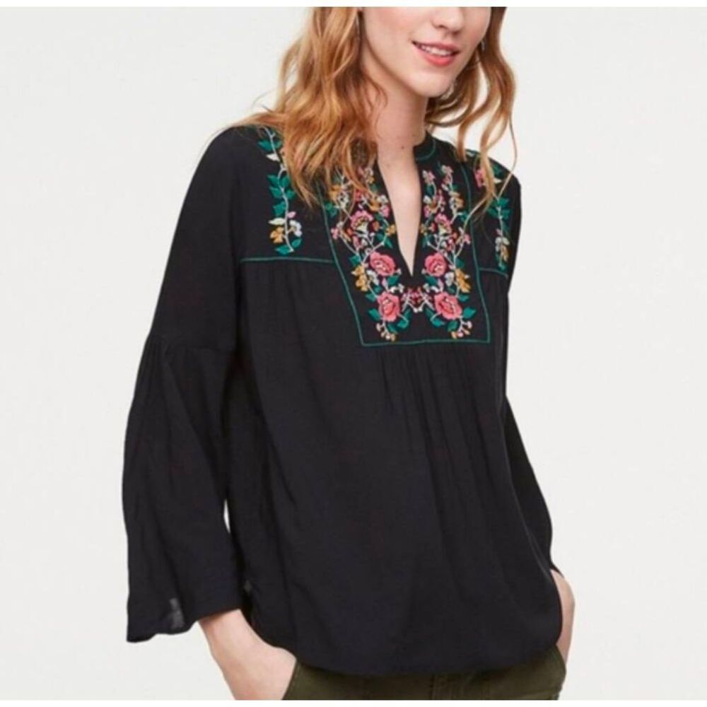 Loft Black Multicolor floral embroidered bell sleeve peasant boho top blouse XL